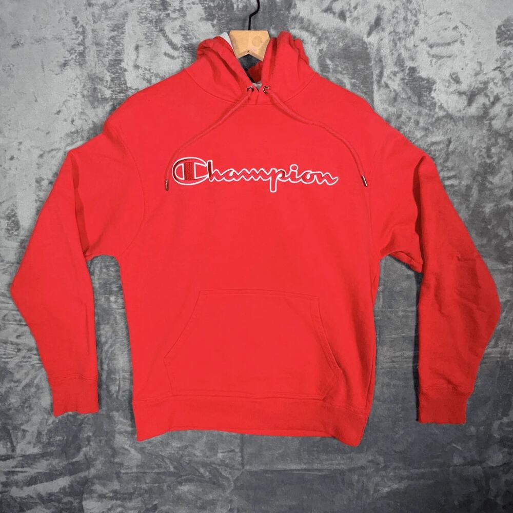 Champion Mens Size M Red Script Logo Hoodie Pullover Sweatshirt‎ Athleticwear